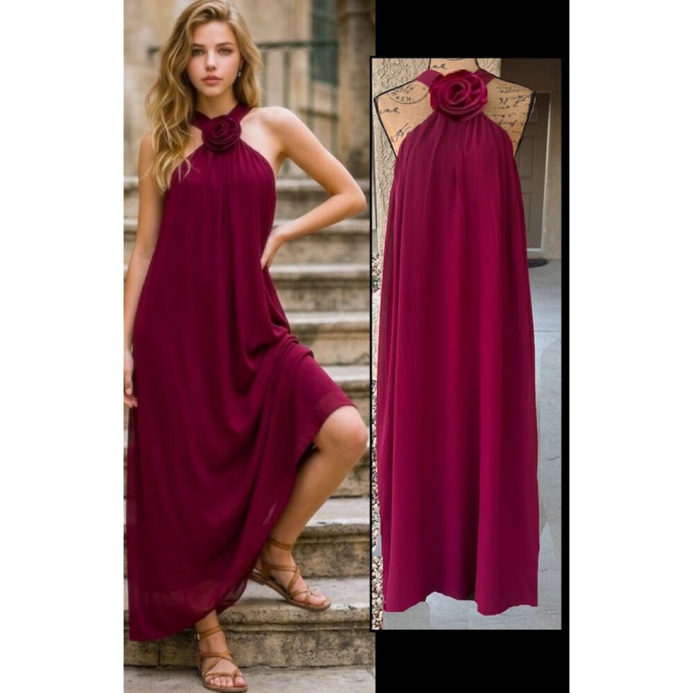 Petal & Pup Halter Berry Decorative Rosette Melba Maxi Dress Size M